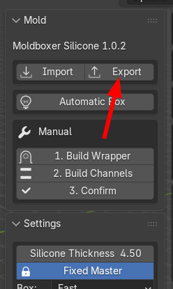 Moldboxer panel with the Export button highlighted.