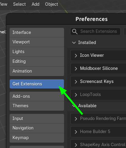 Blender Preferences with Get Extensions selected.