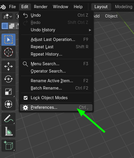 Blender Edit menu with Preferences highlighted.